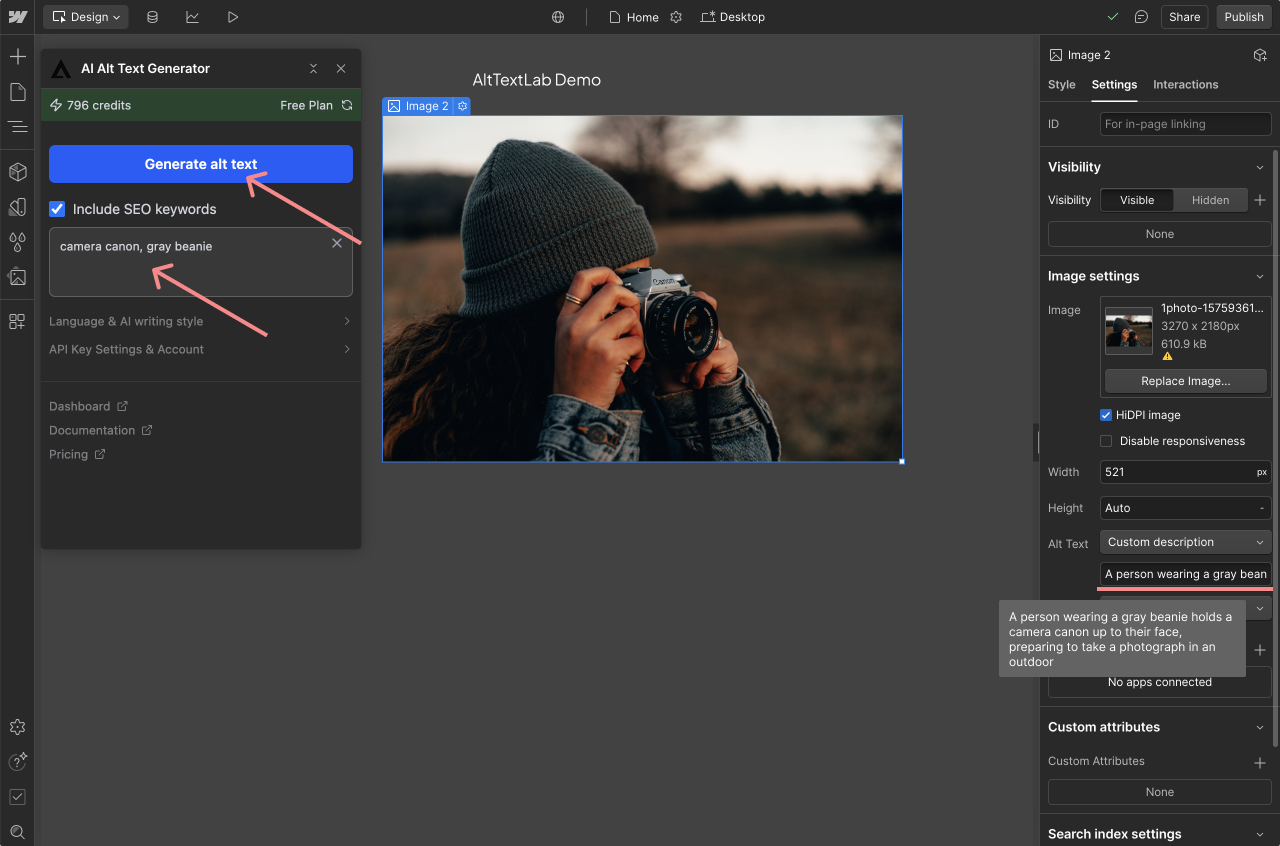 AltTextLab plugin panel inside Webflow Designer