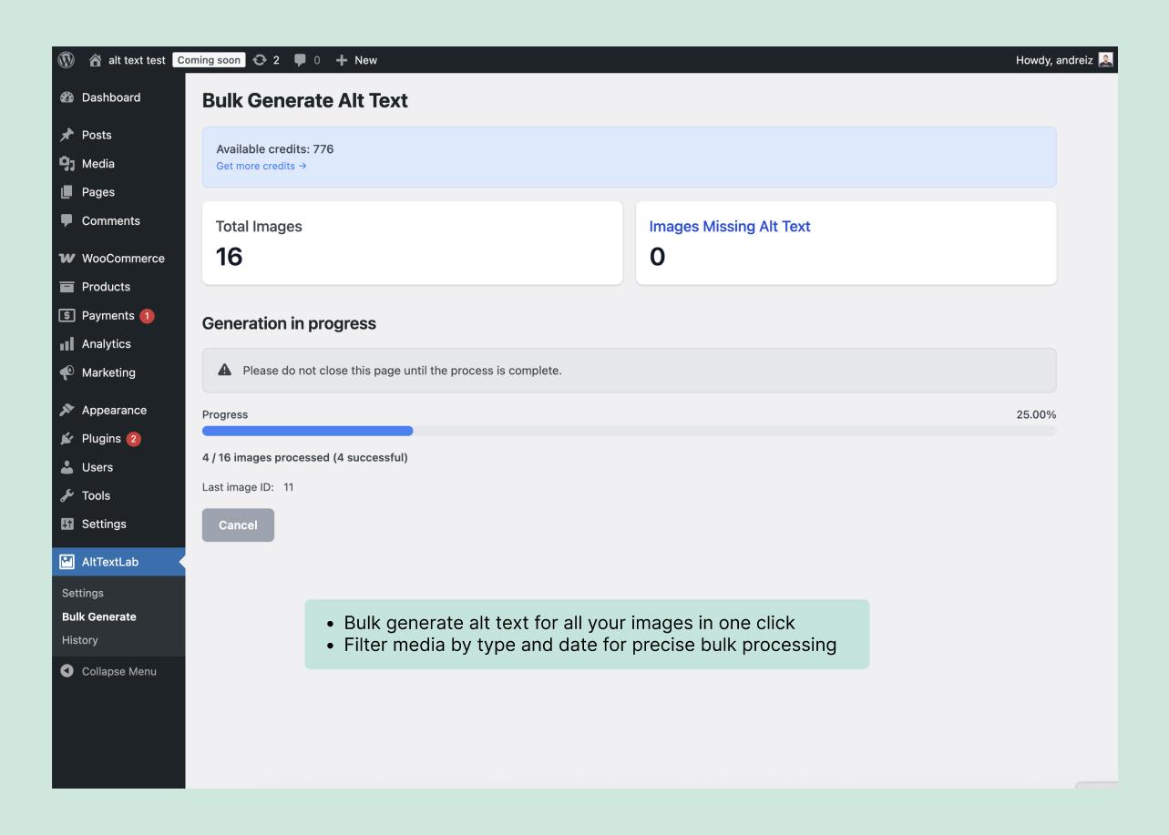 AltTextLab Bulk Generate panel in WordPress showing an available credit balance, total images, missing alt text and generation progress.