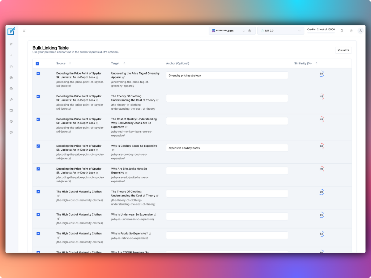 LinkBoss bulk linking interface listing source pages, target pages and suggested anchor texts.