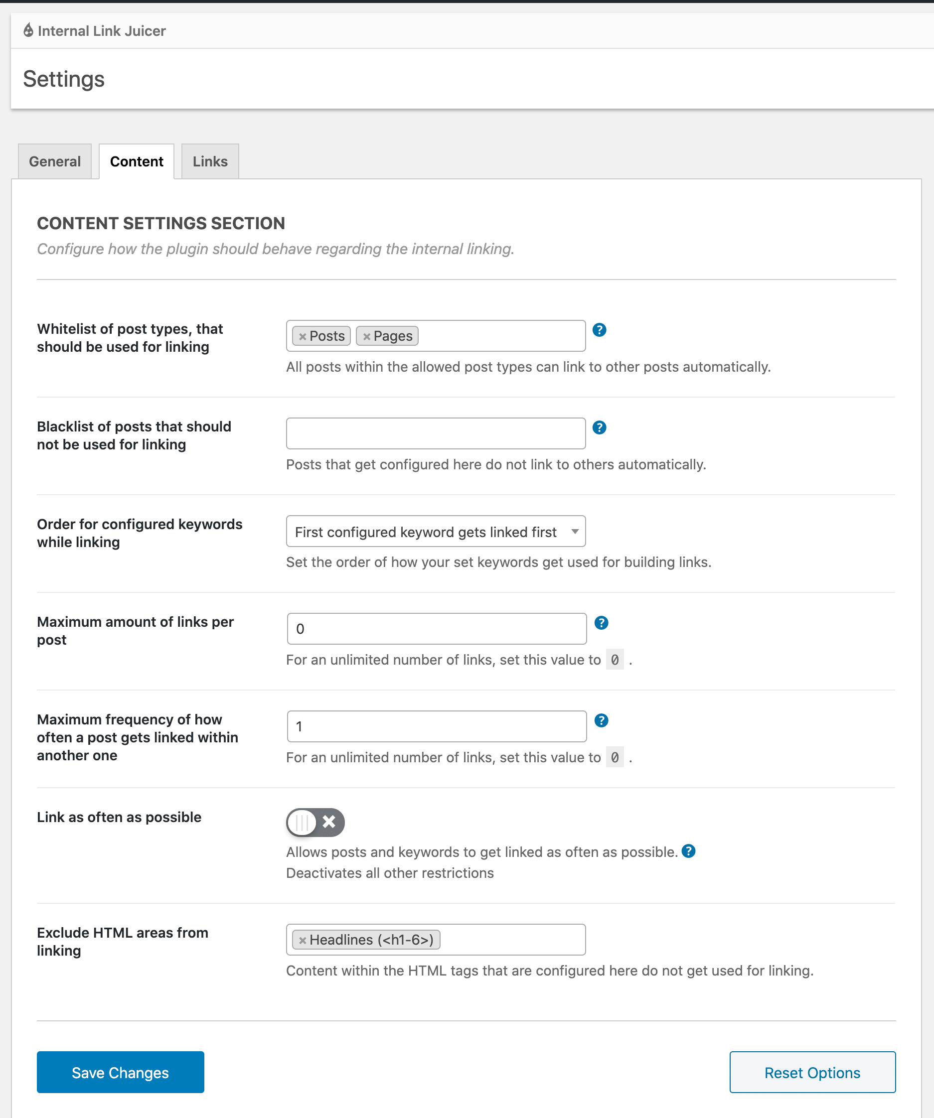 Internal Link Juicer WordPress editor keyword configuration panel