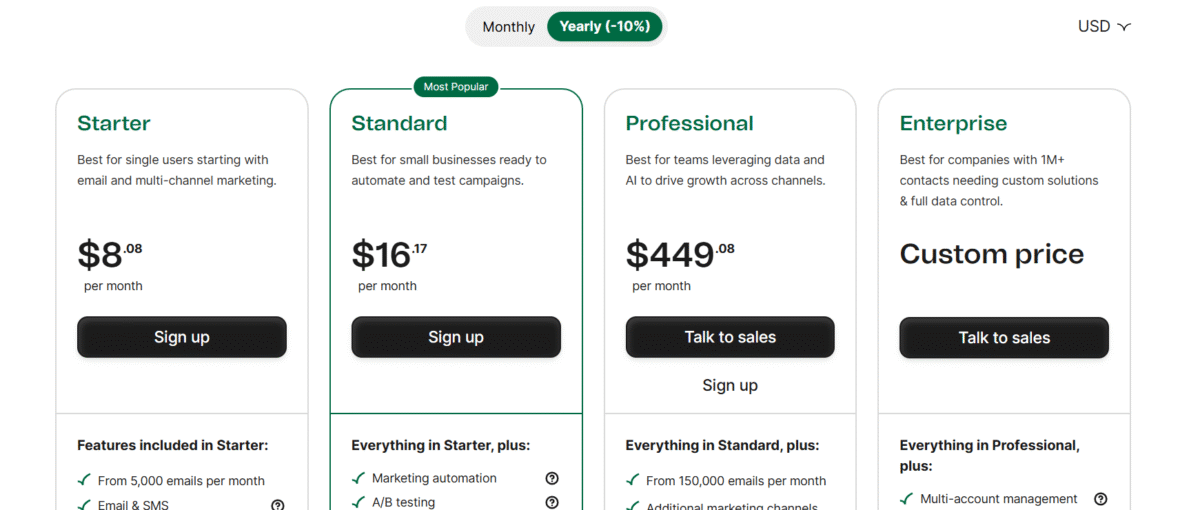 A screenshot of Brevo' pricing page for a post on Sendy alternatives.