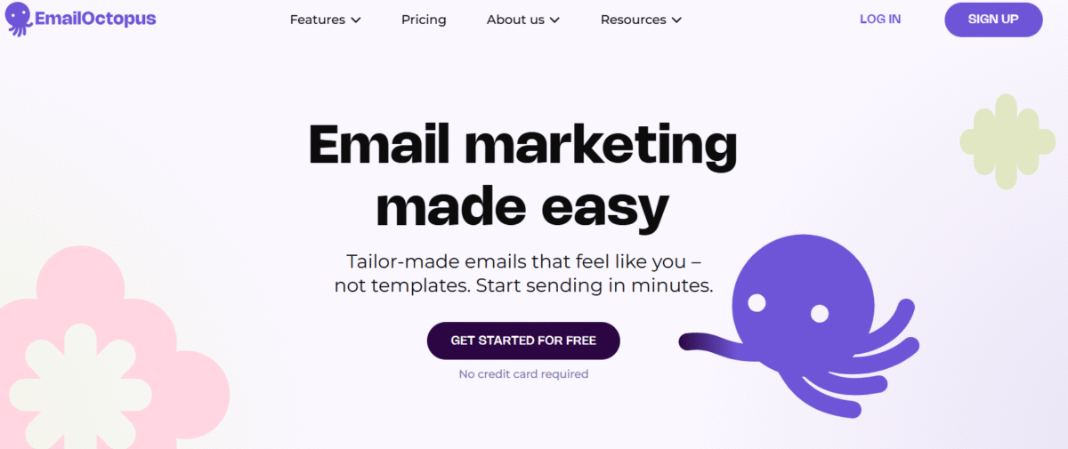A screenshot of EmailOctopus' homepage for a post on free email marketing tools for small businesses.
