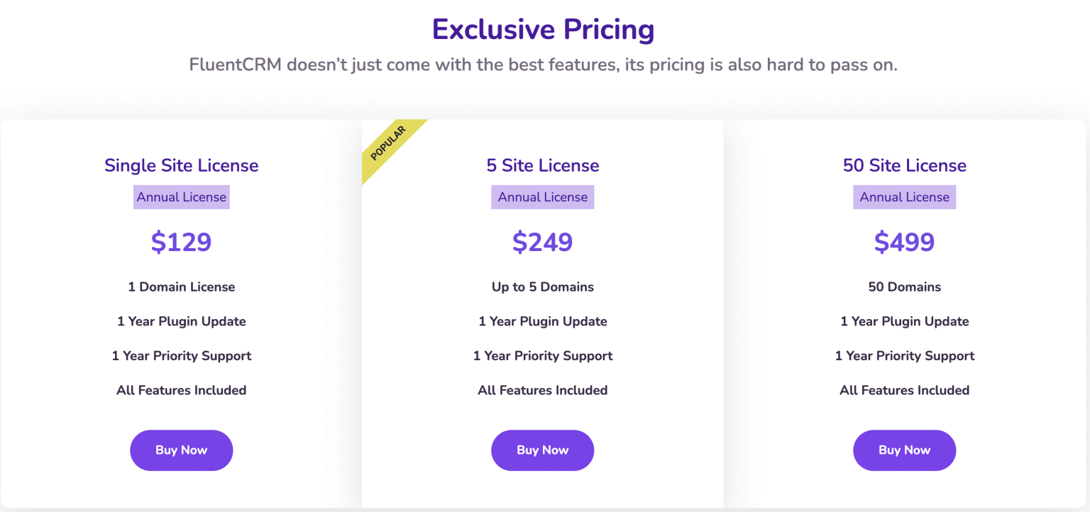 A screenshot of FluentCRM's pricing page for a post on Sendy alternatives.