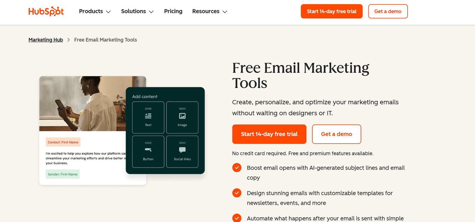 A screenshot of HubSpot's homepage for a post on free email marketing tools for small businesses.