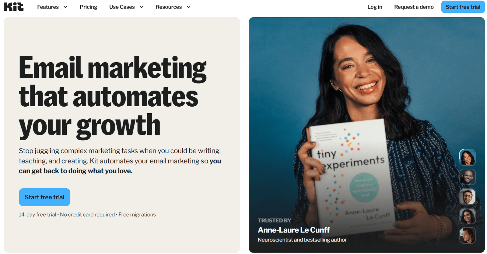 A screenshot of Kit's homepage for a post on free email marketing tools for small businesses.