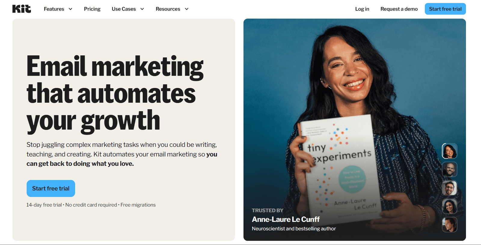 A screenshot of Kit's homepage for a post on Sendy alternatives.