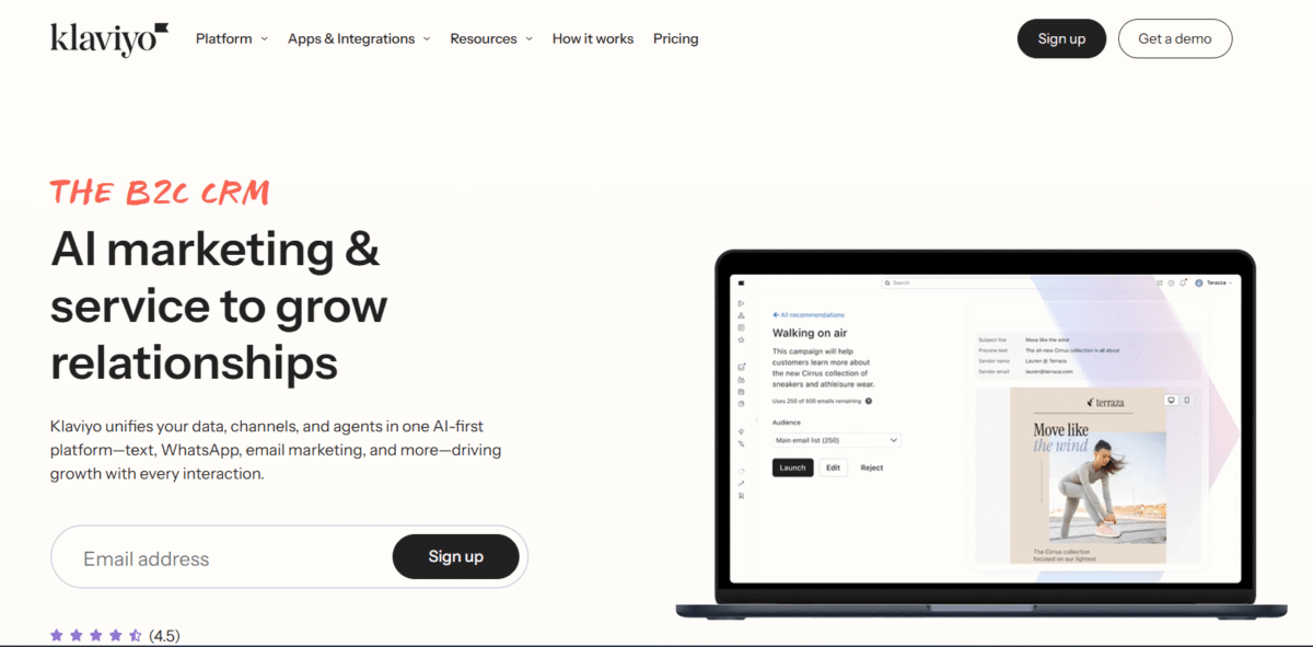 A screenshot of klaviyo's homepage for a post on sendy alternatives