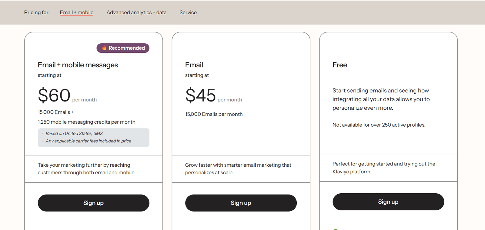 A screenshot of Klaviyo's pricing page for a post on Sendy alternatives.