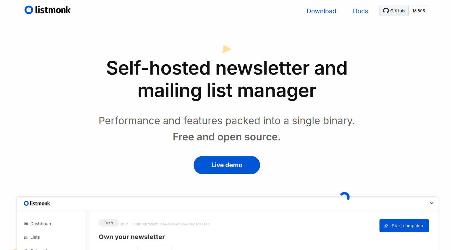A screenshot of ListMonk's homepage for a post on Sendy alternatives.