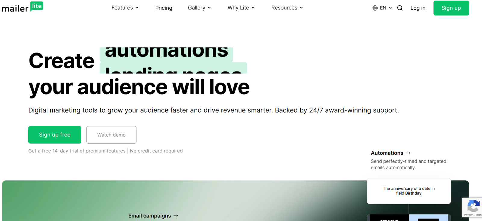 A screenshot of Mailerlite's homepage for a post on free email marketing tools for small businesses.