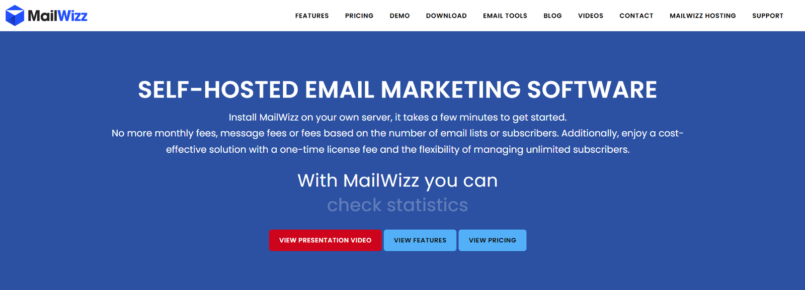 A screenshot of MailWizz' homepage for a post on Sendy alternatives.