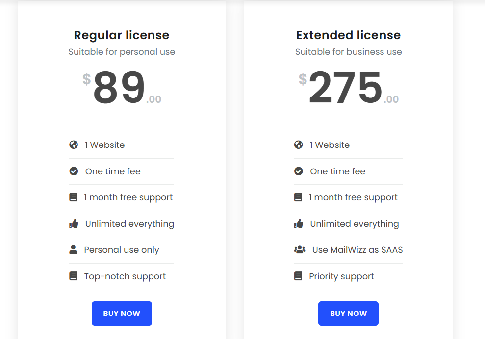 A screenshot of MailWizz' pricing page for a post on Sendy alternatives.