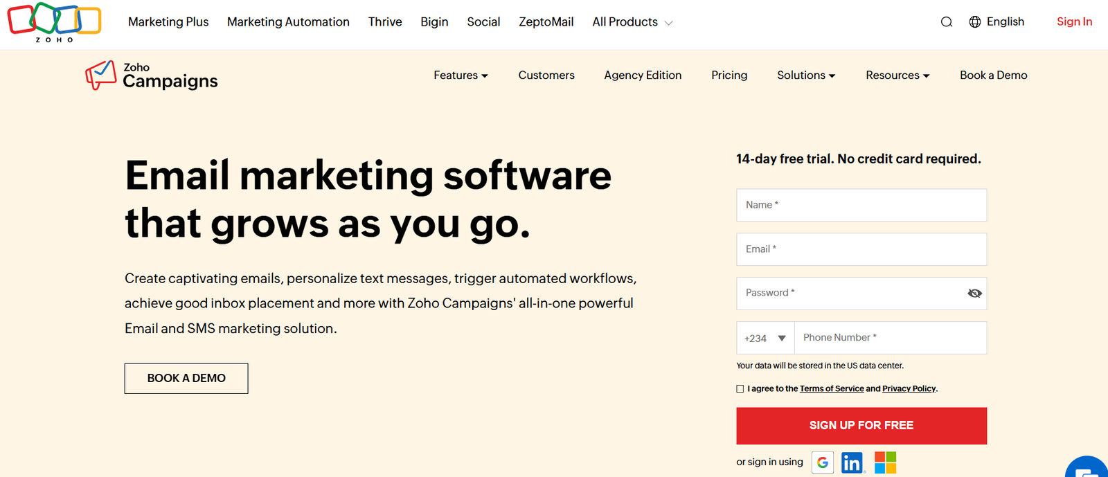 A screenshot of Zoho's homepage for a post on free email marketing tools for small businesses.