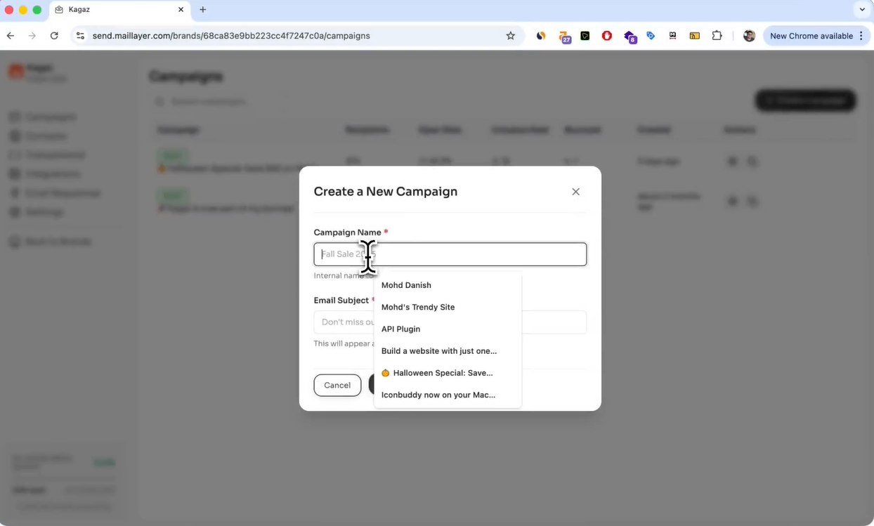 A screenshot showing how to create a new email campaign in Maillayer.