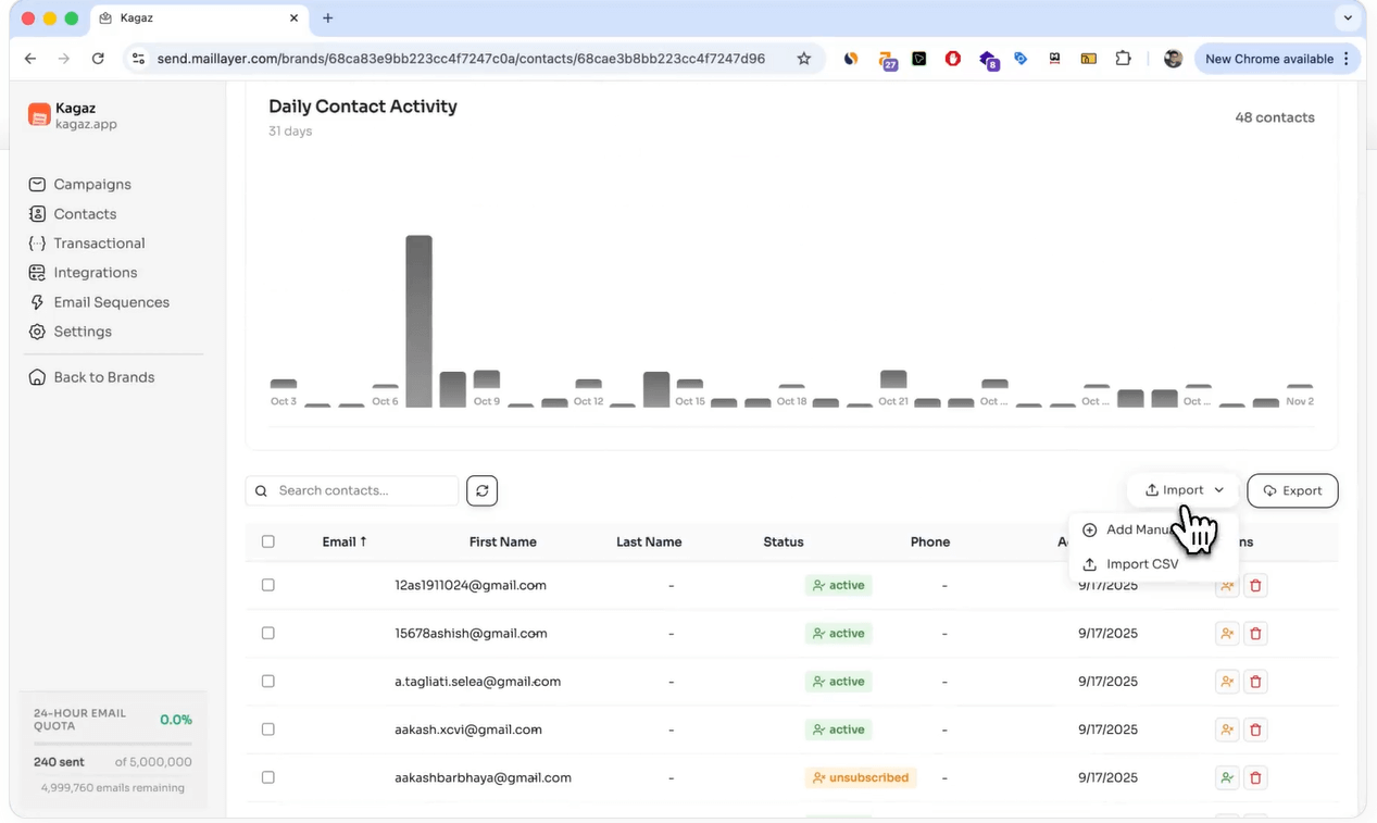 A screenshot showing how to import email contacts to Maillayer.