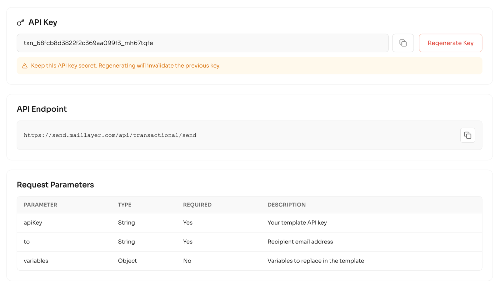 A screenshot showing Maillayer's transactional email API.