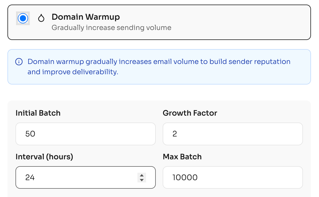 A screenshot showing the domain warmup option in Maillayer.The screenshot is for a post discussing Maillayer's pricing.