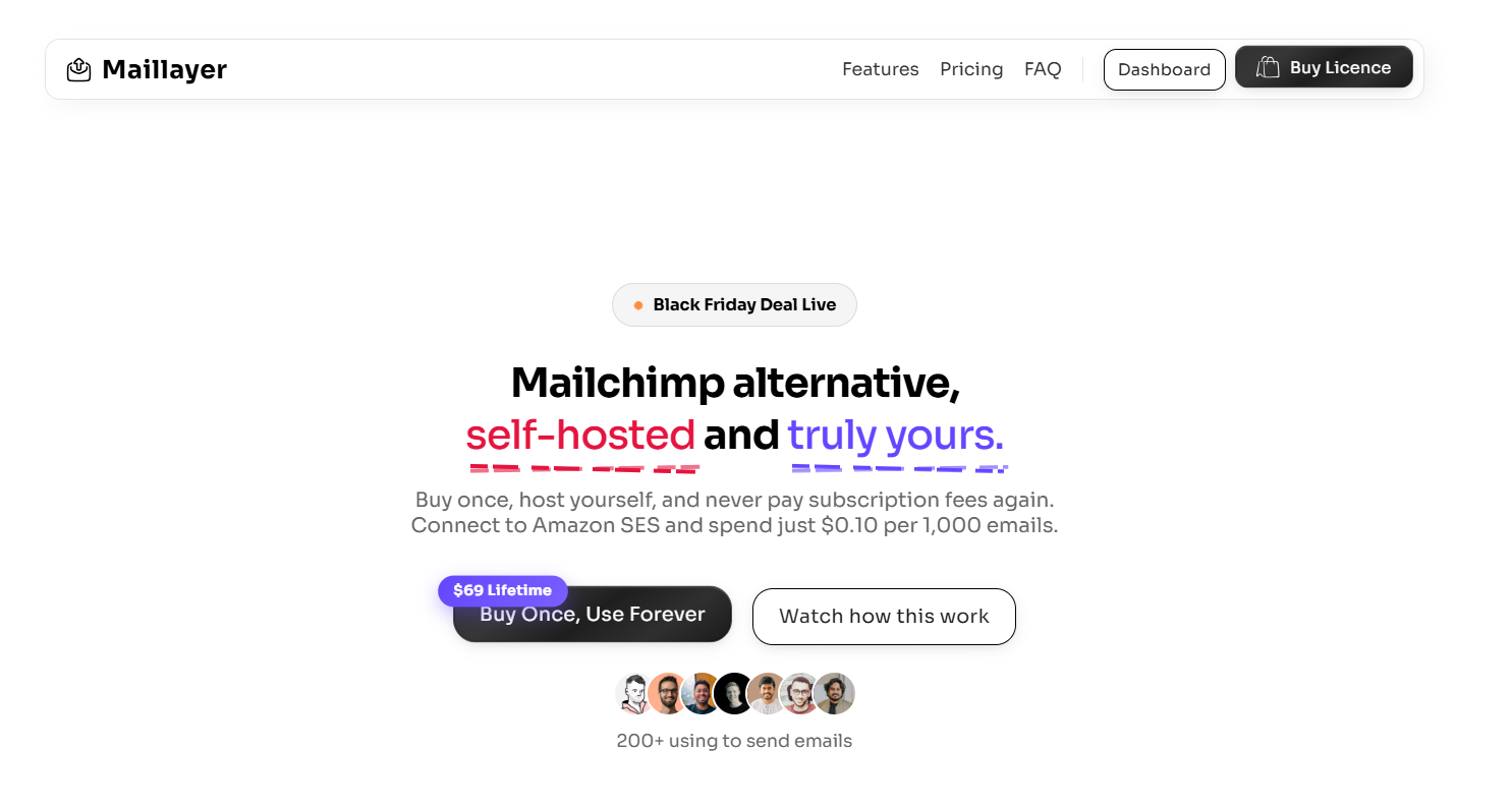 Screenshot of Maillayer's homepage for a post on Sendy's alternatives.