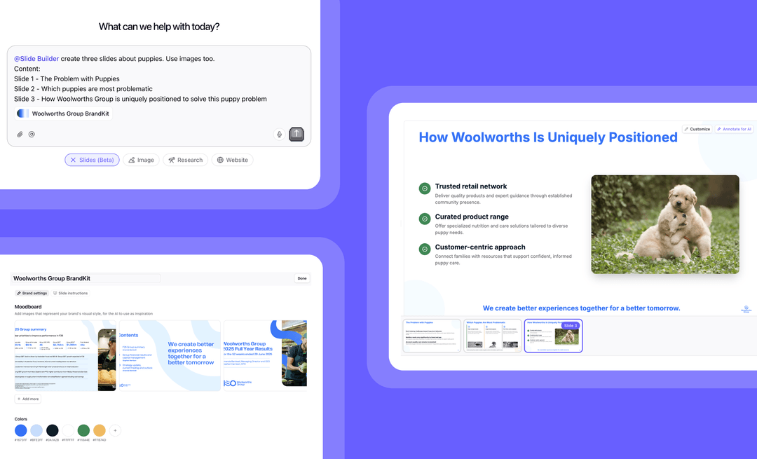 Example output or interface of the AI Slides feature, which builds formatted presentations from data, noted in the relevance ai review.