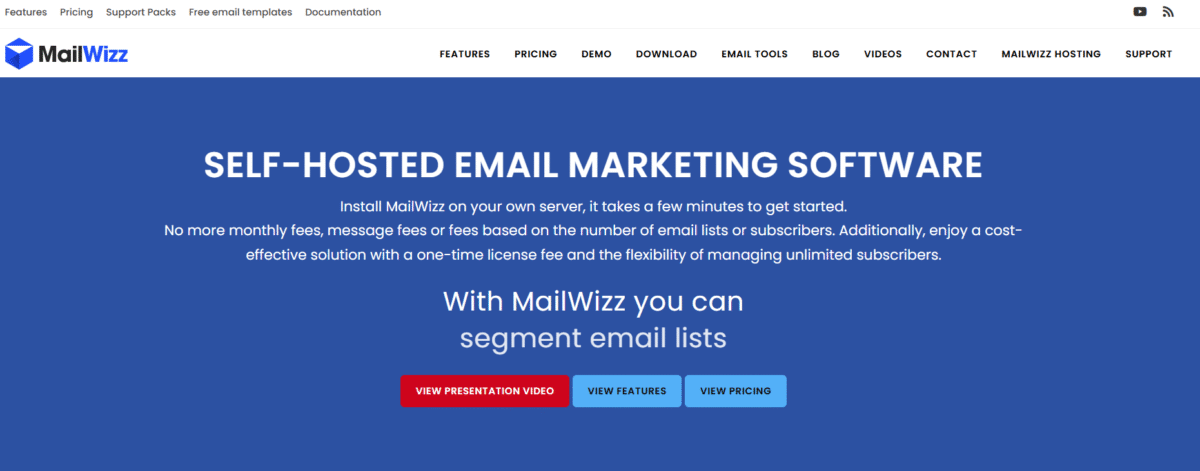 Screenshot of MailWizz' homepage for a post on the best one time payment email marketing software