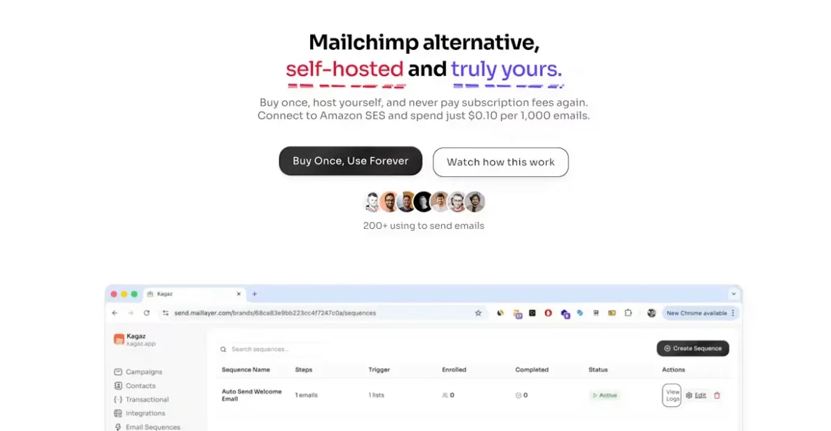 Screenshot of maillayer's homepage for a post on the best one time payment email marketing software