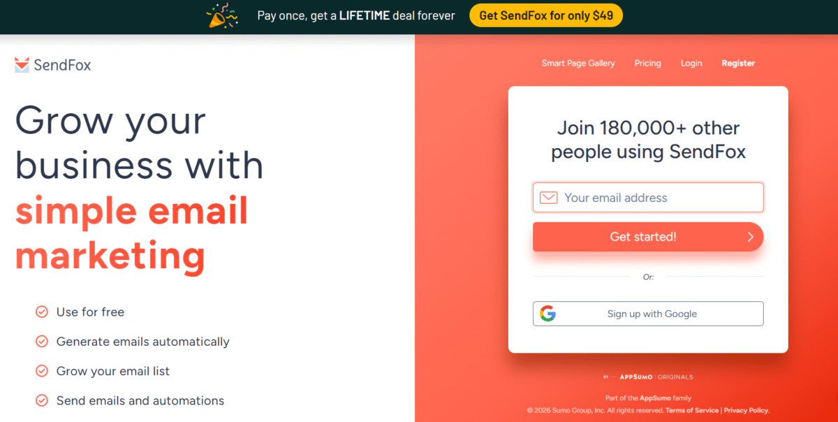 Screenshot of Sendfox's homepage for a post on the best one time payment email marketing software