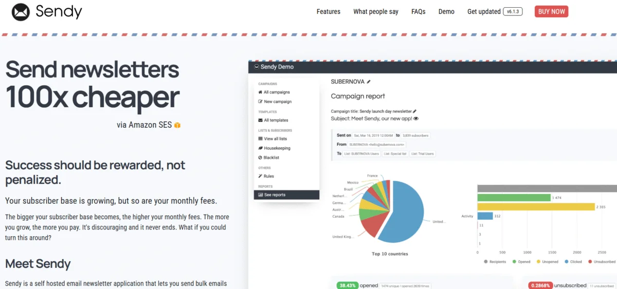 Screenshot of Sendy's homepage for a post on the best one time payment email marketing software