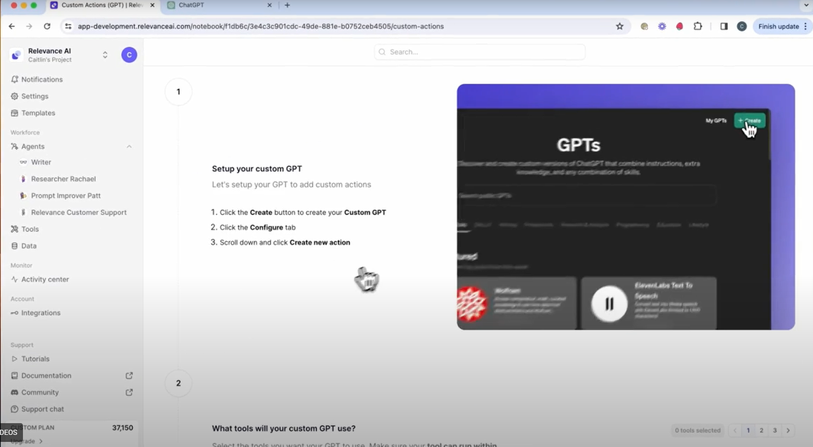 Image showing a Relevance AI workflow being integrated as a Custom Action into the ChatGPT interface, part of the relevance ai review.
