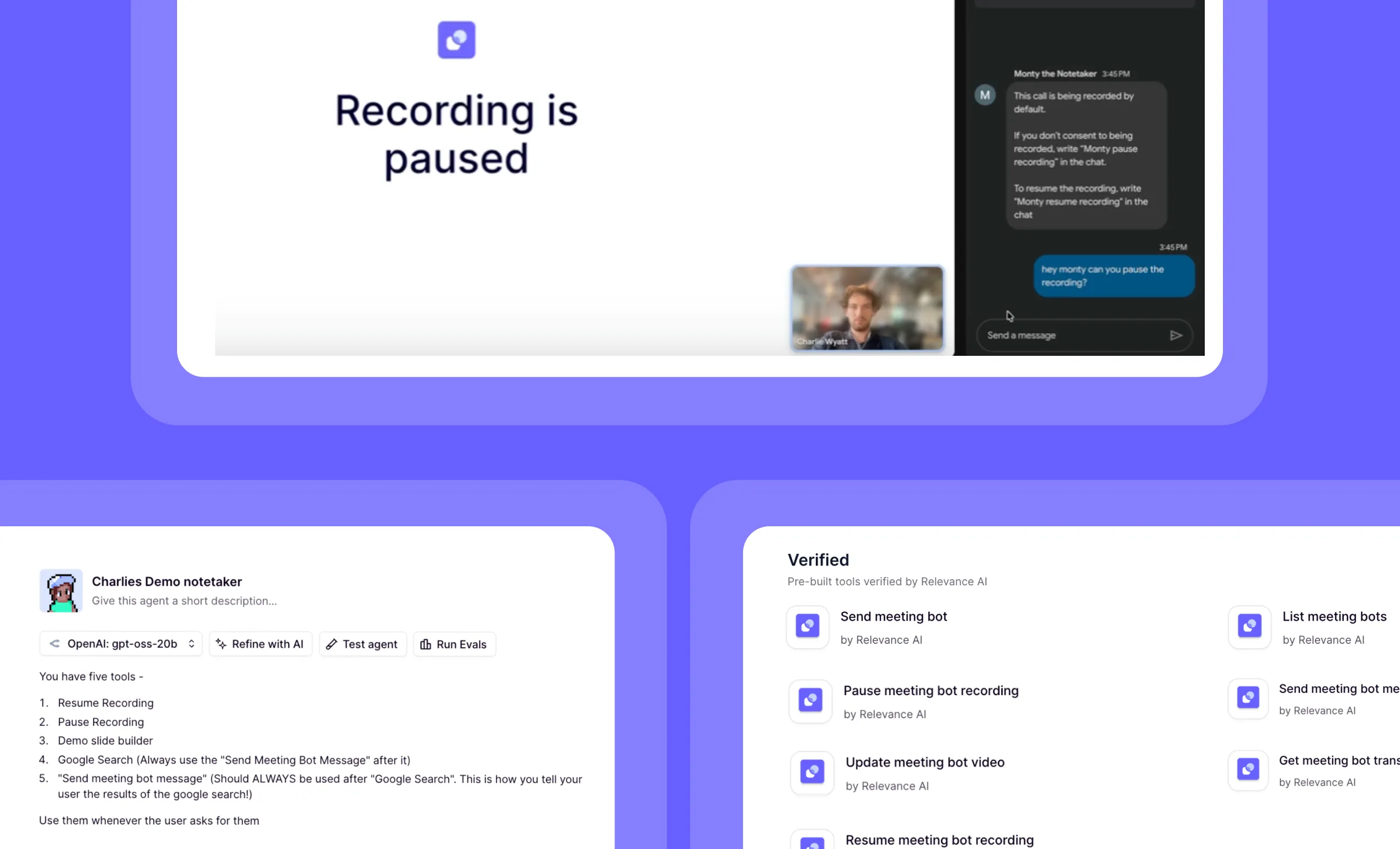 Relevance AI workflow visual for meeting bot and agent commands