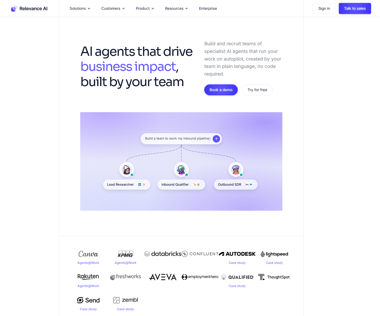 Relevance AI agent builder product page