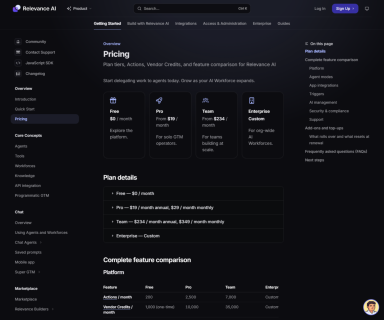 Relevance AI pricing documentation showing plan tiers and action allowances