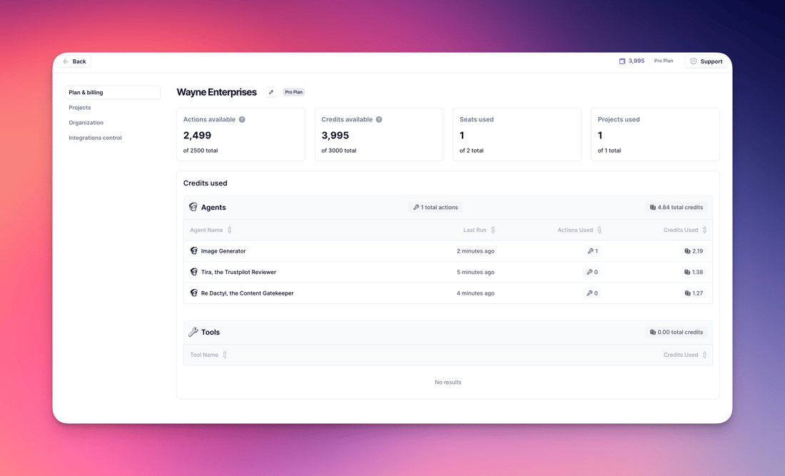 Relevance AI Plan and Billing dashboard showing Actions, Vendor Credits, seats, projects, and usage by agent