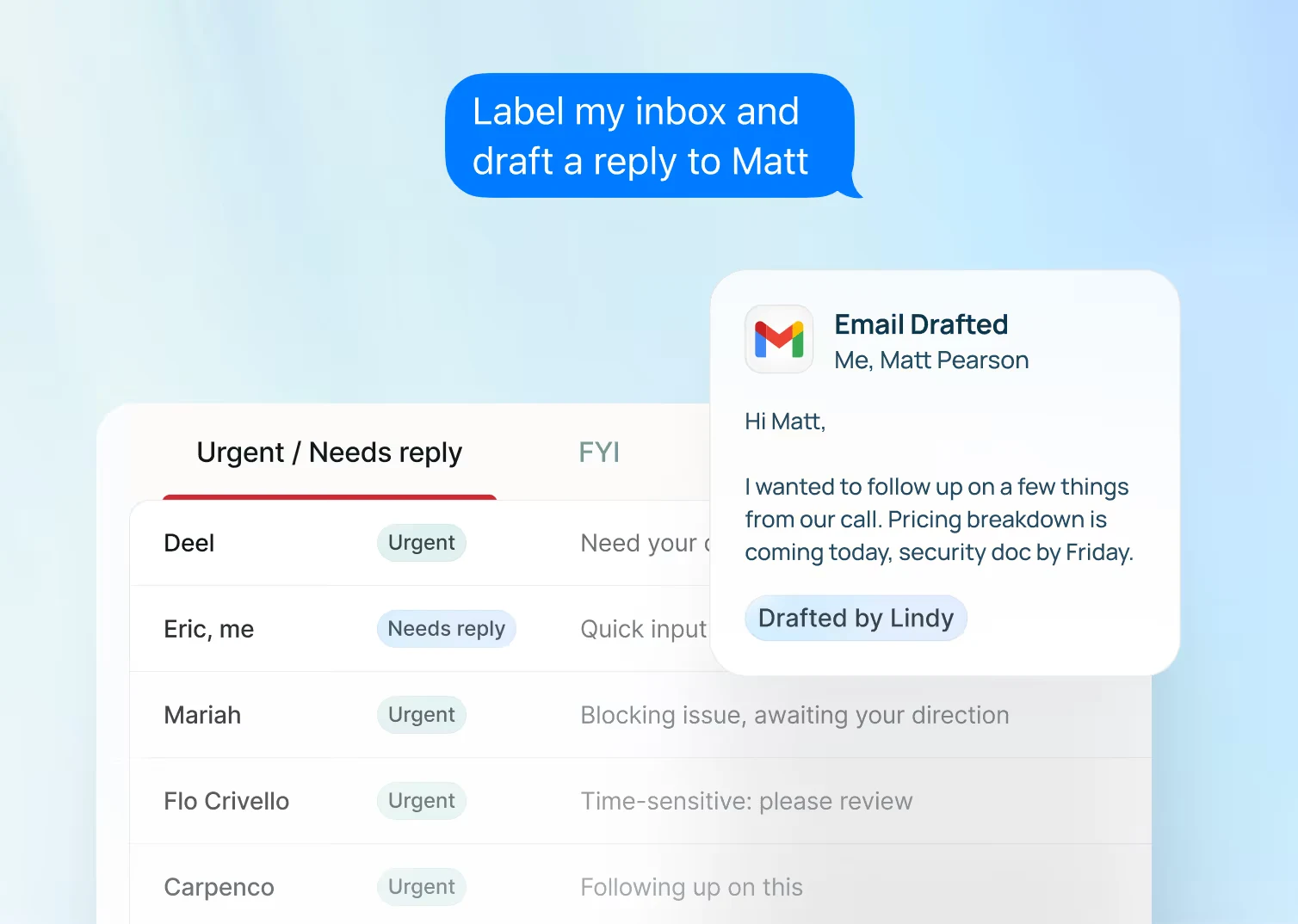Lindy sorting an email inbox and drafting a reply in Gmail