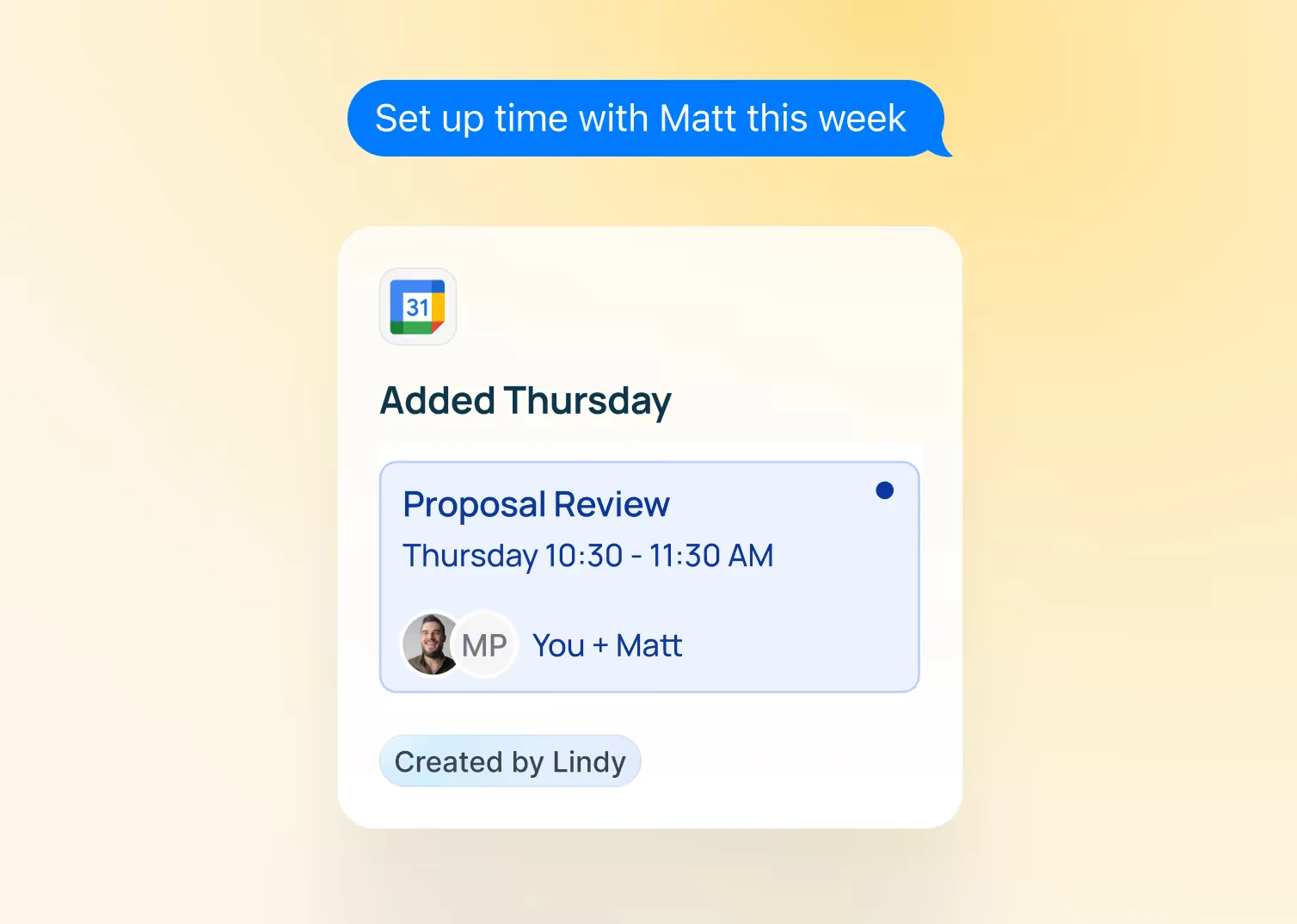 Lindy scheduling a proposal review in Google Calendar
