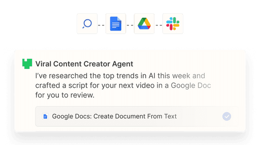 Zapier content agent researching trends and creating a Google Doc