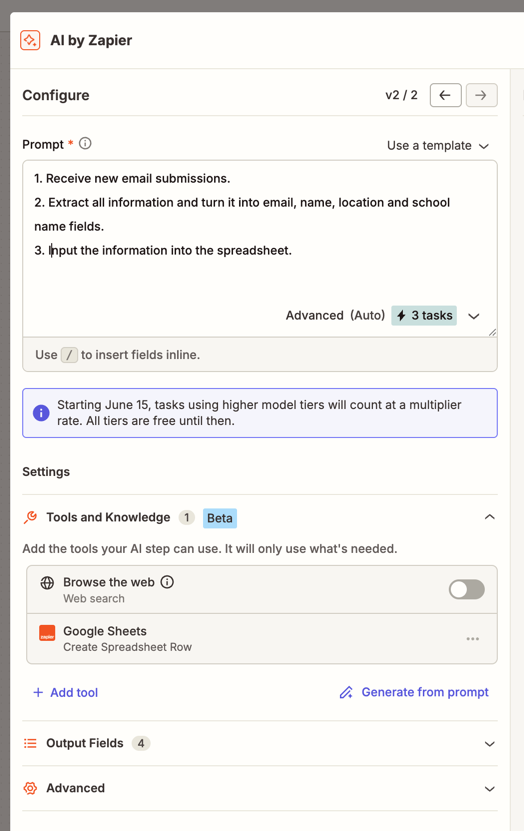 AI by Zapier configuration showing model selection, Tools and Knowledge, web browsing, and an app Tool