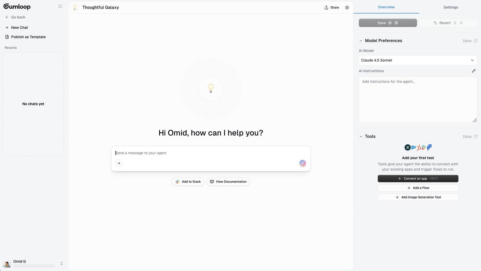 Gumloop AI agent builder showing an agent with connected apps, reusable workflows, and model settings