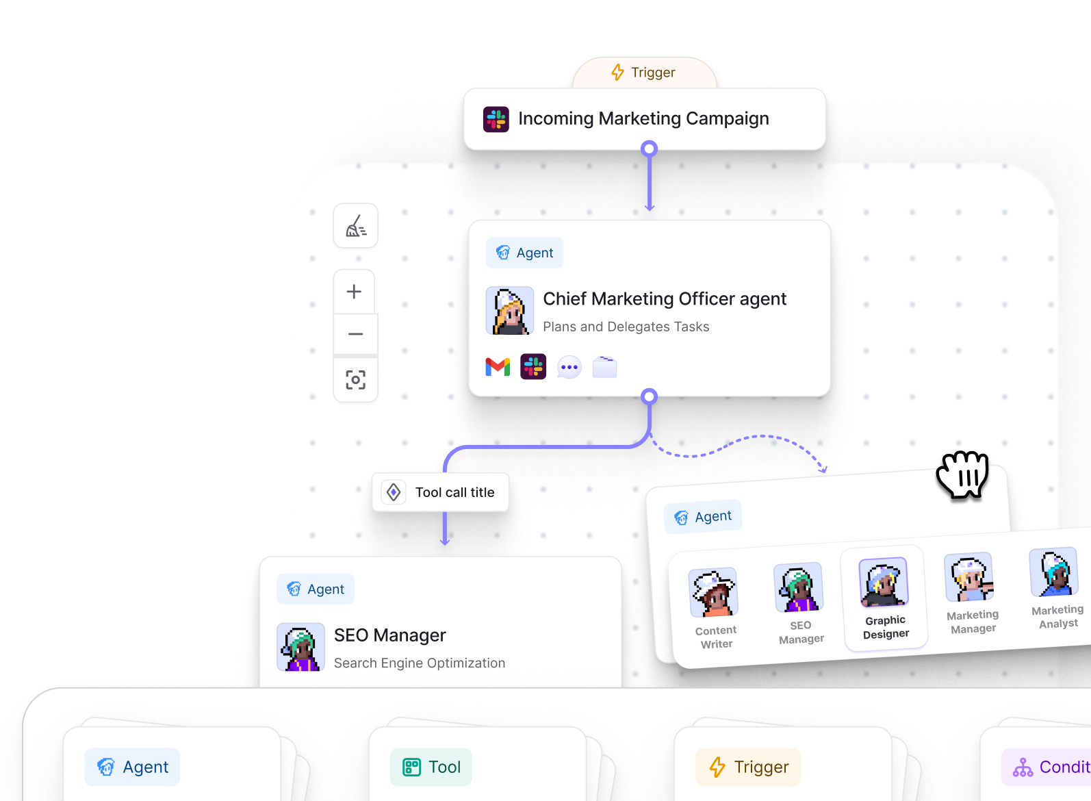 Relevance AI Workforce Builder showing multiple specialist AI Agents connected through a visual process