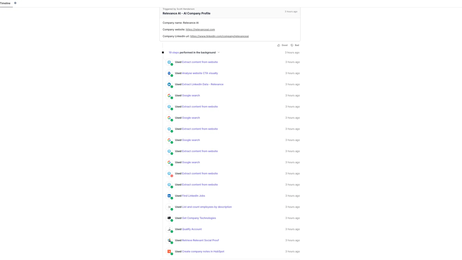 Relevance AI account research workflow combining prospect research, qualification, and HubSpot CRM updates
