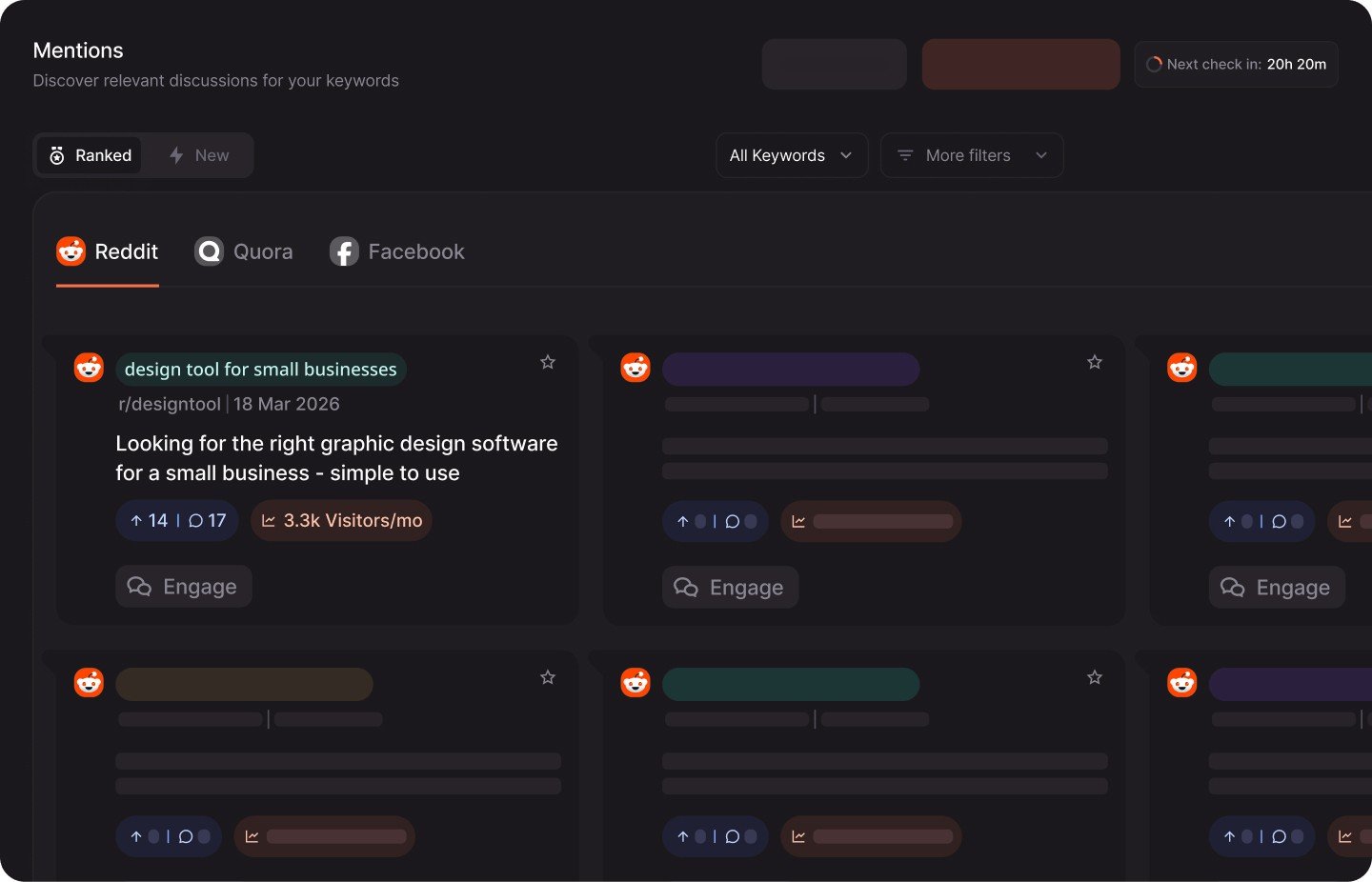CrowdReply Social Listening interface showing ranked Reddit conversations for tracked keywords