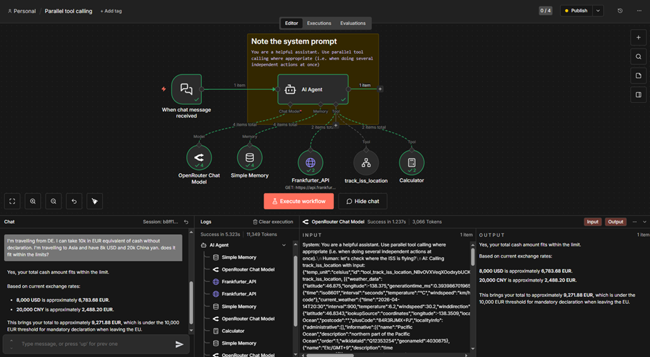 n8n workflow editor showing an AI Agent connected to a model, memory, APIs, Tools, and execution details