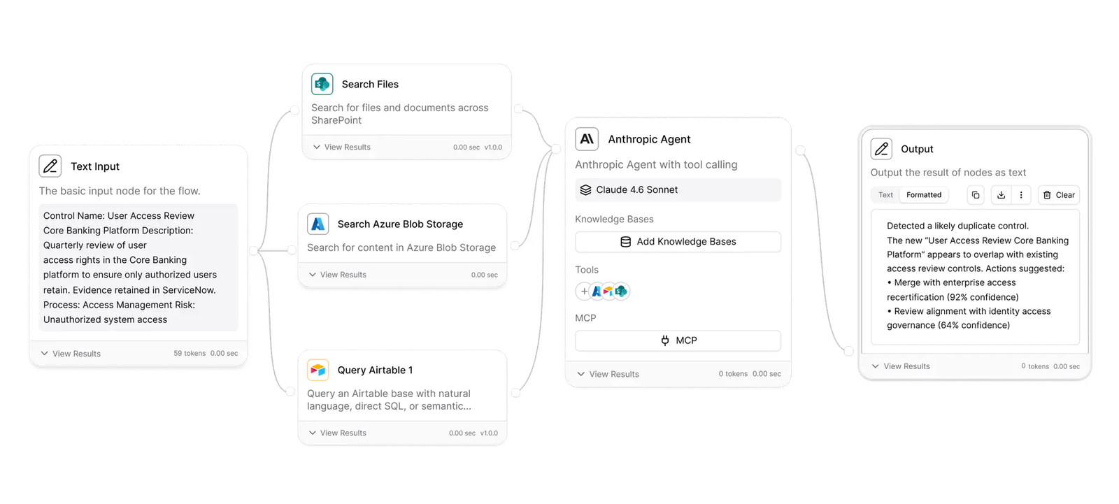 StackAI visual workflow canvas connecting enterprise data sources to an AI Agent and output
