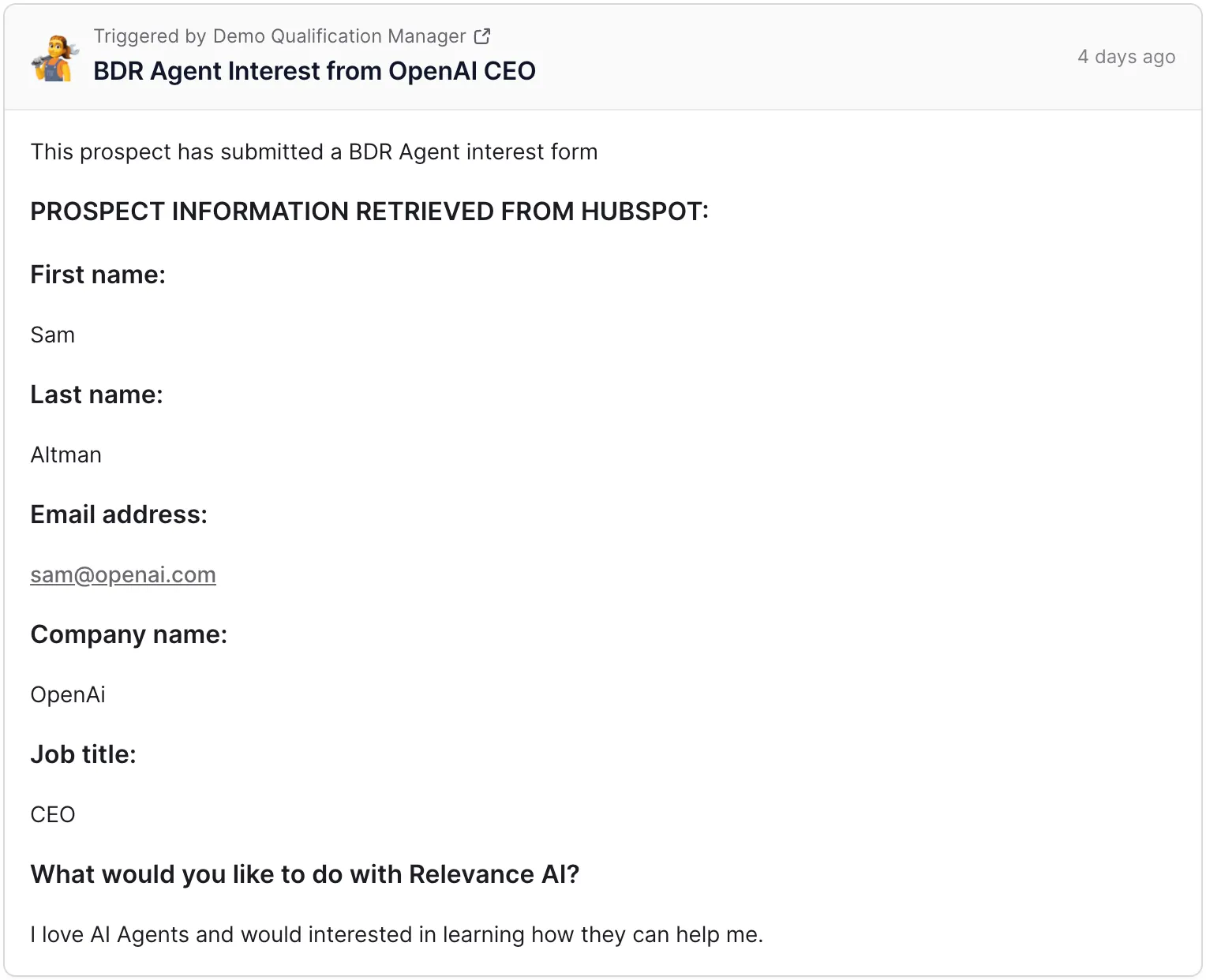 Relevance AI sales Agent retrieving prospect information from HubSpot during a demo qualification workflow