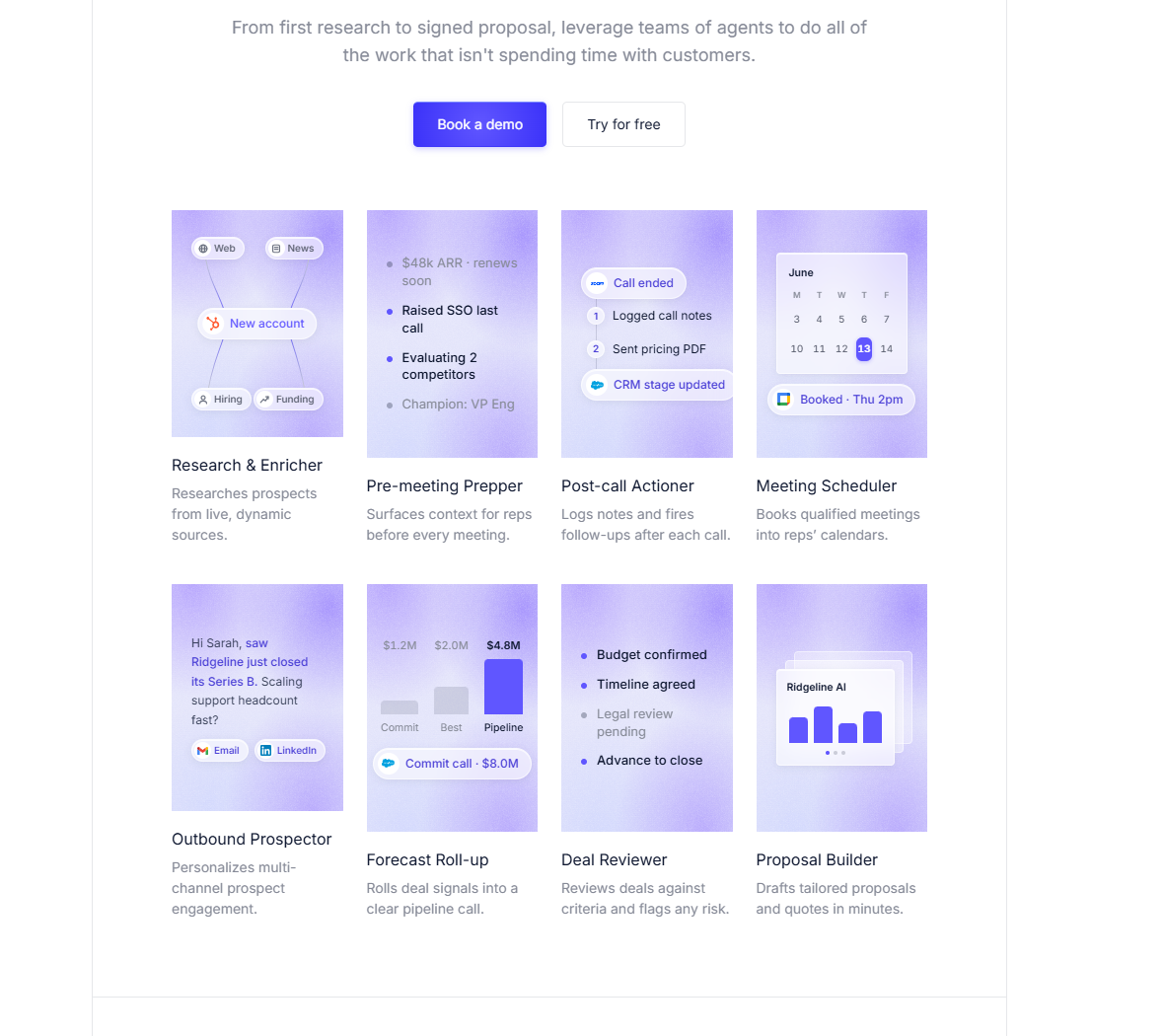 Relevance AI sales agent examples for research, meeting preparation, follow-up, scheduling, prospecting, forecasting, deal review, and proposals