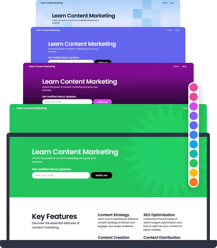 Examples of 60sec.site themes and brand color variations